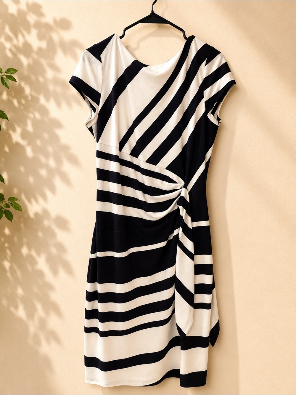 Cache Navy & White Striped Ruched Sheath Dress | Fully Lined | Size L